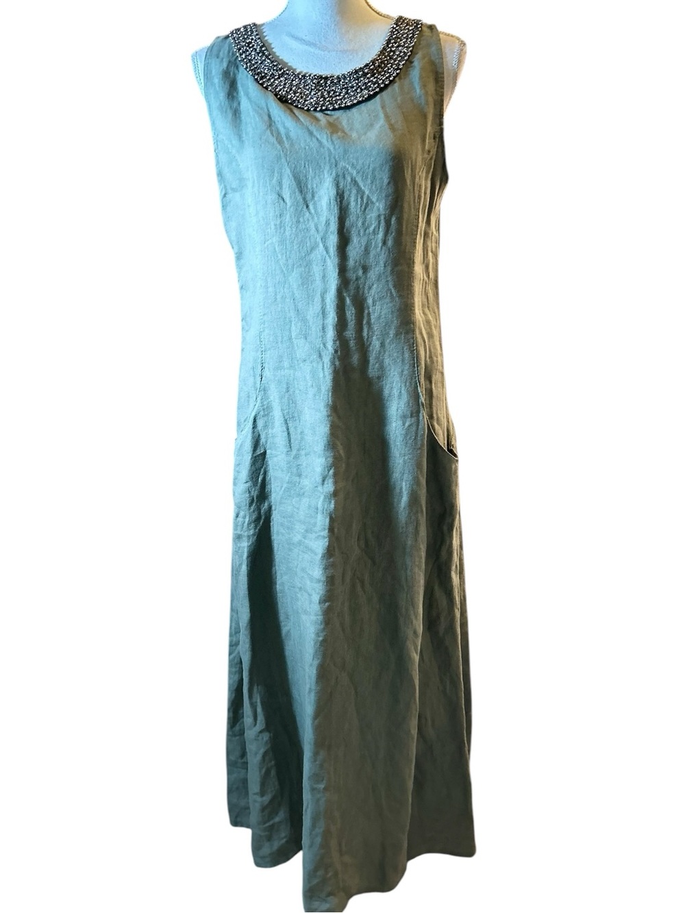 Lungo L’Arno Italian Linen Sleeveless Beaded-Neckline Maxi Dress -